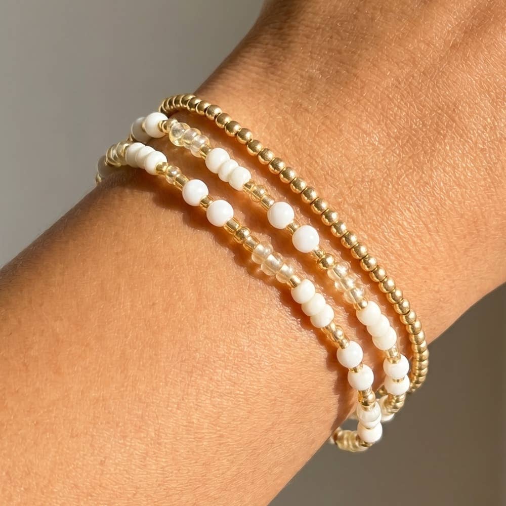 Shell Bead And Gold Stretch Layered Bracelet Set