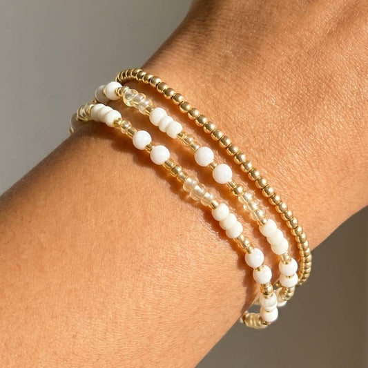 Shell Bead And Gold Stretch Layered Bracelet Set