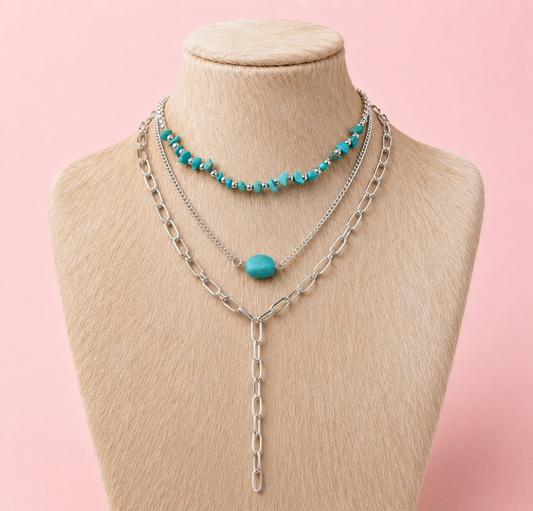 3 Piece Western Turquoise Stone Link Chain Necklace Set