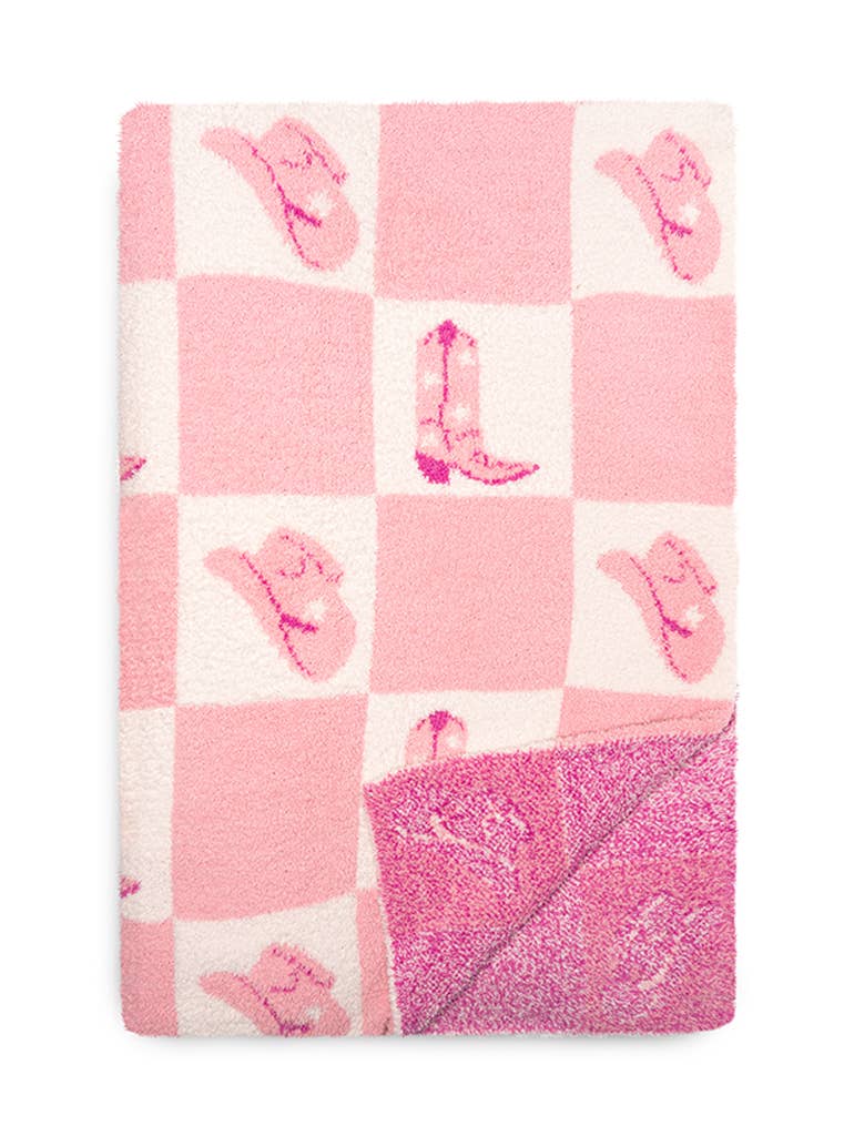 Throw Blanket - Checkered w/ Western Cowgirl - Pink & White