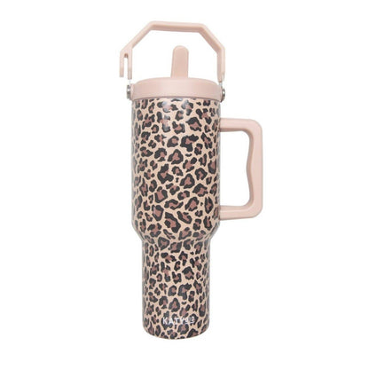 Brown Leopard Metal Tumbler with Lid Handle: Brown