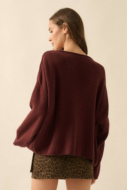 Solid Rib-Knit Oversized Boatneck Sweater