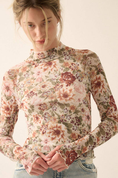 Floral Mesh High-Neck Top