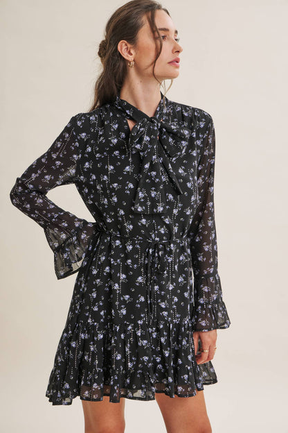 MIDNIGHT SHIMMER DITSY FLORAL NECK TIE RUFFLE MINI DRESS