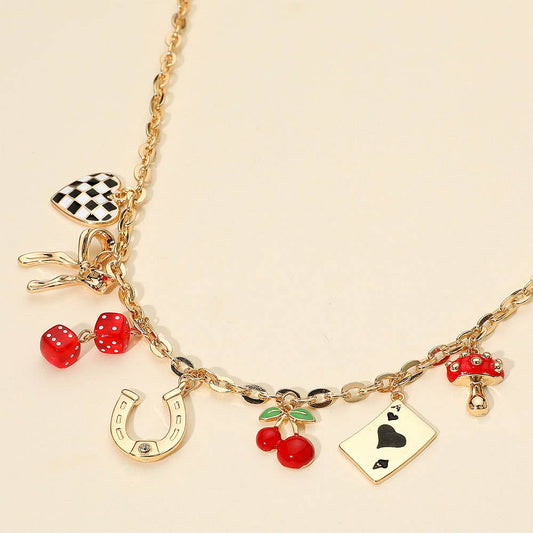 Casino Card Heart Bow Horseshoe Cherry Mushroom Charm Station Necklace