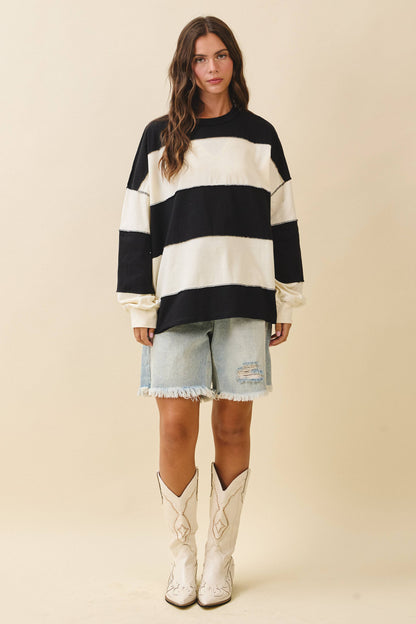 8551GN Oversized Color Block Long Sleeve Pullover: White Brownie / Contemporary / M