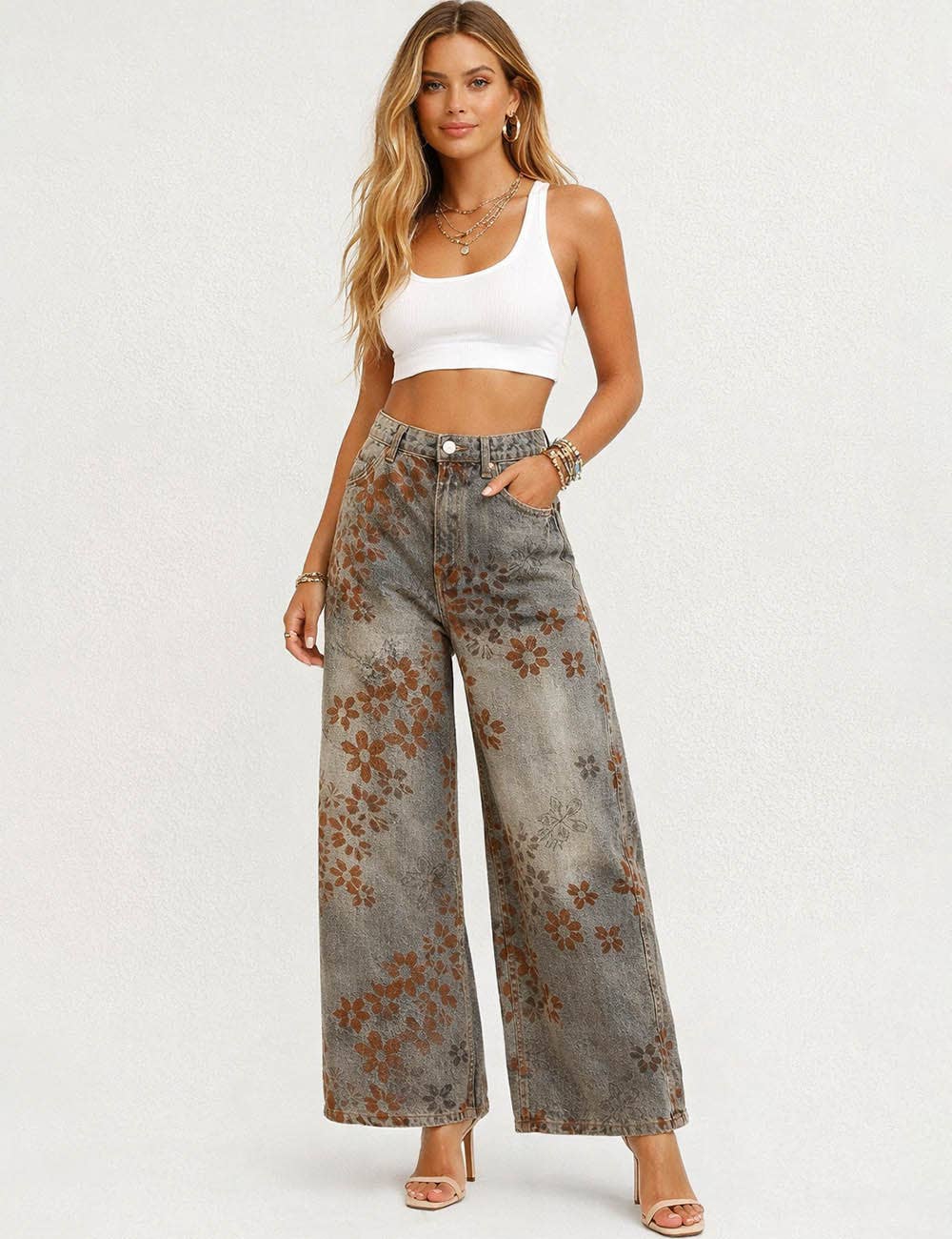 Floral Print Fleece Lined Wide Leg Denim Pants