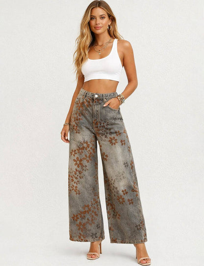 Floral Print Fleece Lined Wide Leg Denim Pants