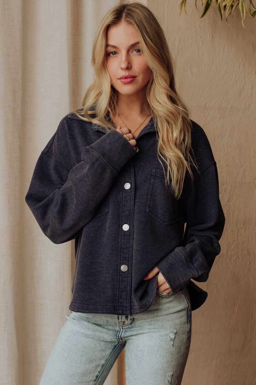 Navy Cropped Washed Soft Button Up