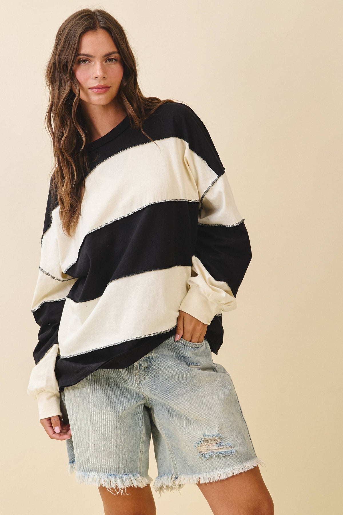 8551GN Oversized Color Block Long Sleeve Pullover: White Brownie / Contemporary / M