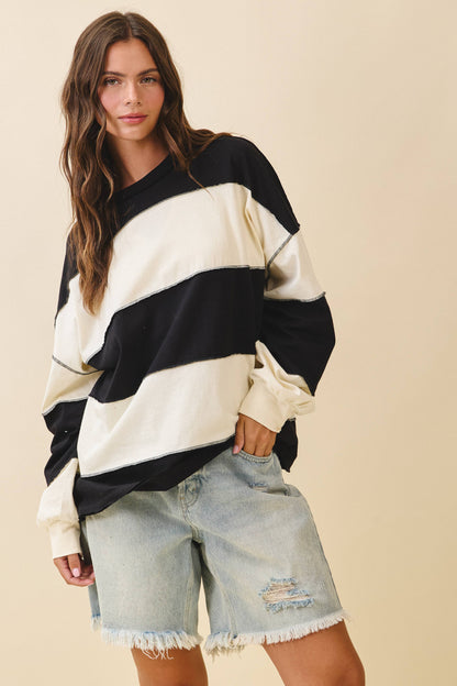 8551GN Oversized Color Block Long Sleeve Pullover: White Brownie / Contemporary / M