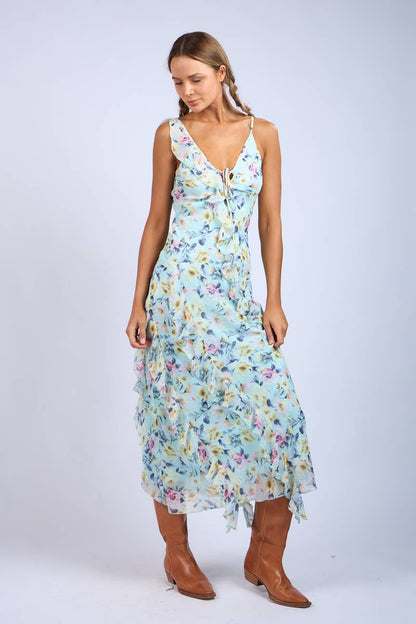 Floral Unbalanced Strap Maxi Dress
