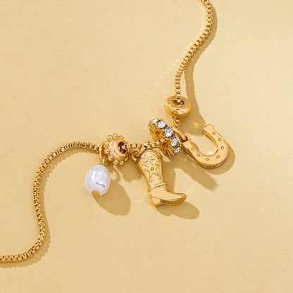 Western Boot Horseshoe Pearl Charm Necklace