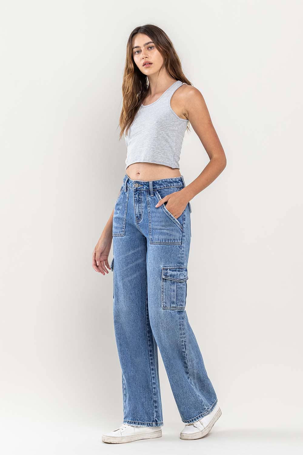 MID RISE CARGO WIDE LEG JEANS