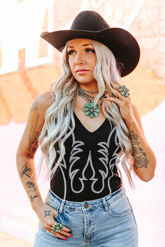 Boot-Stitch Embroidered V Neck Bodysuit