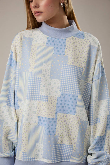 Patchwork Print Mockneck Sweatshirt