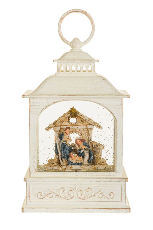Musical White Led Lantern Snow Globe With Nativity Scene