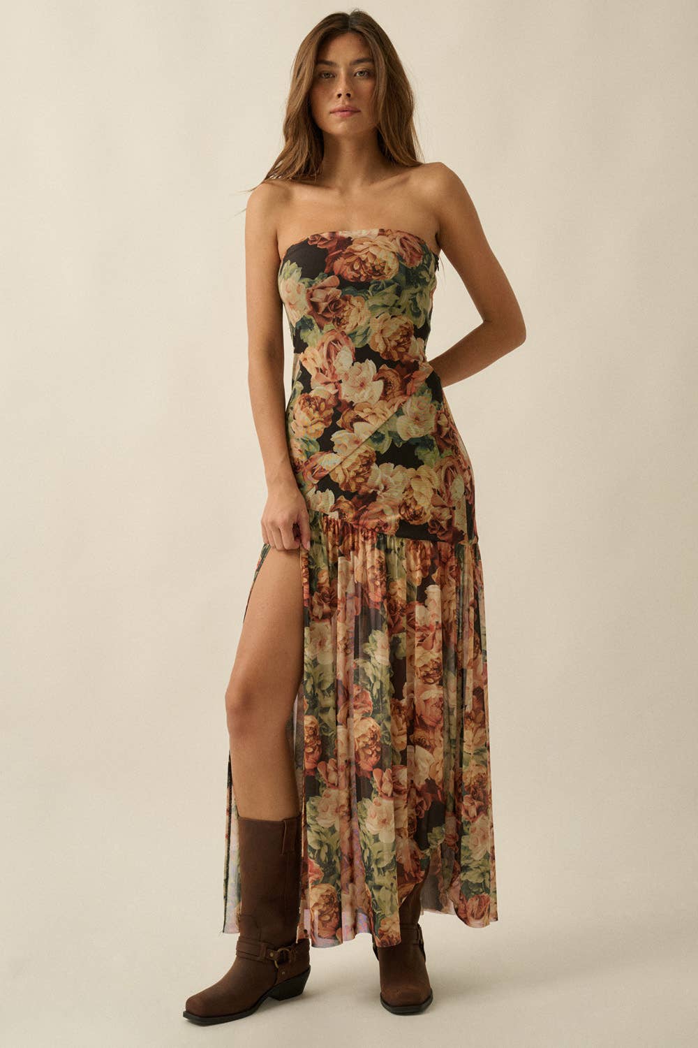Floral Mesh Strapless Maxi Dress