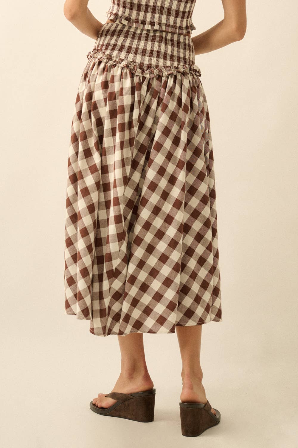 Gingham Plaid Drop-Waist Ruffle Midi Skirt