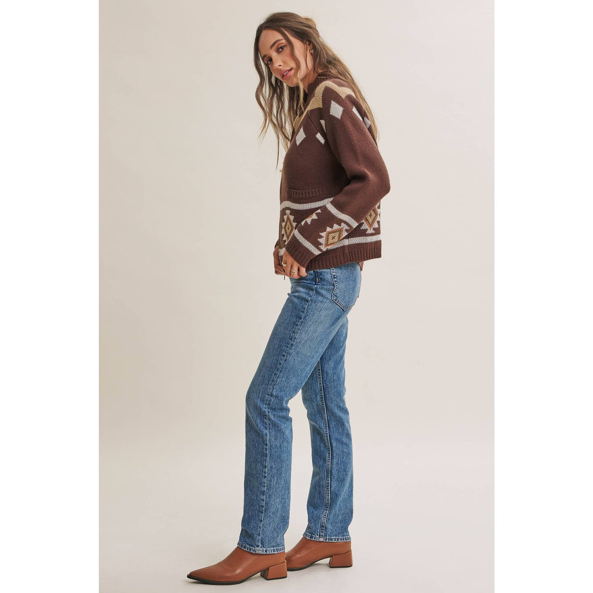 RUSTIC ESCAPE FAIR ISLE 2-WAY ZIP MOCK NECK SWEATER JACKET