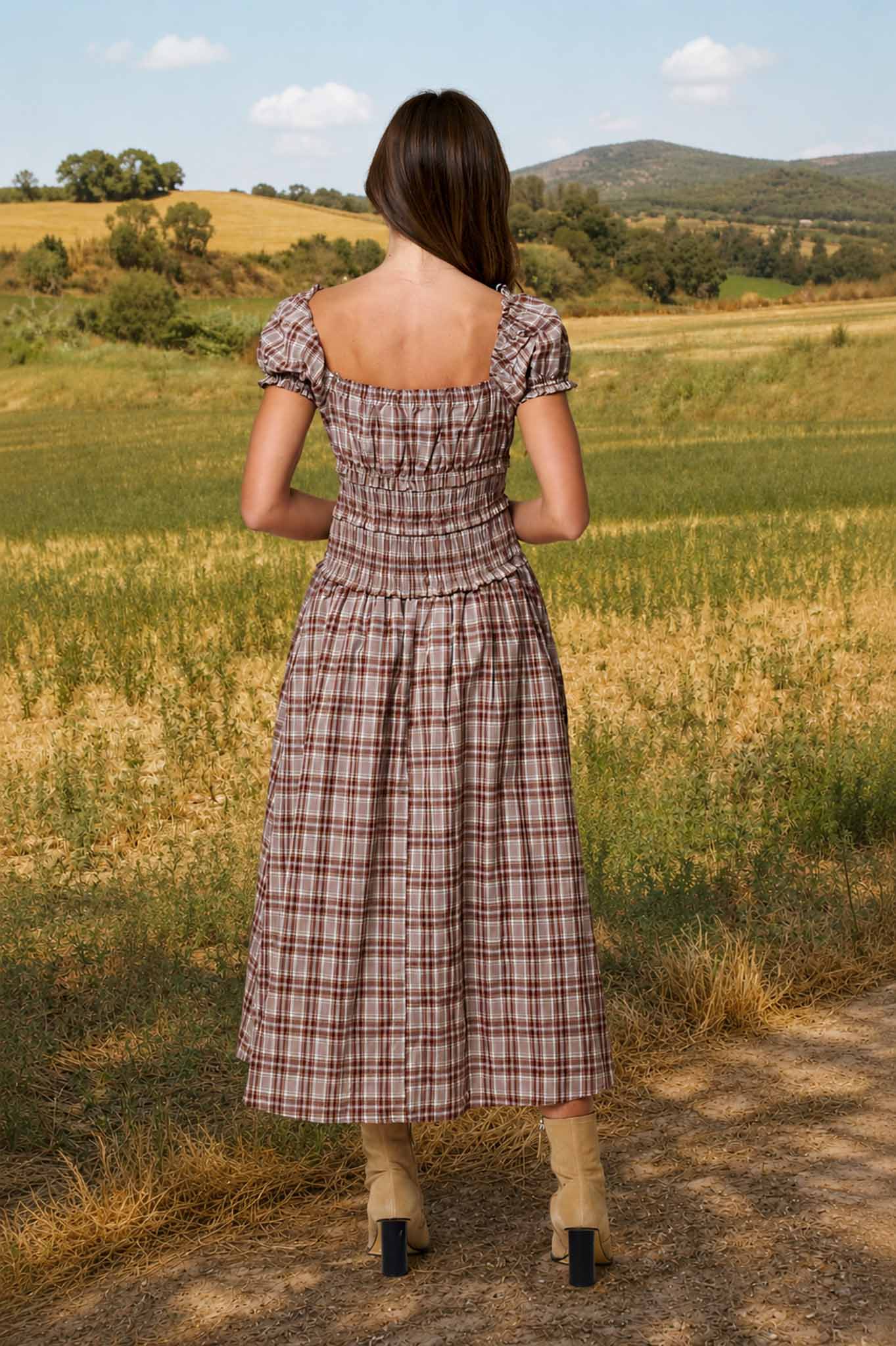 Smocked Waist Plaid Midi Dress