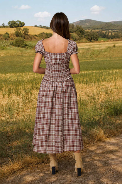 Smocked Waist Plaid Midi Dress