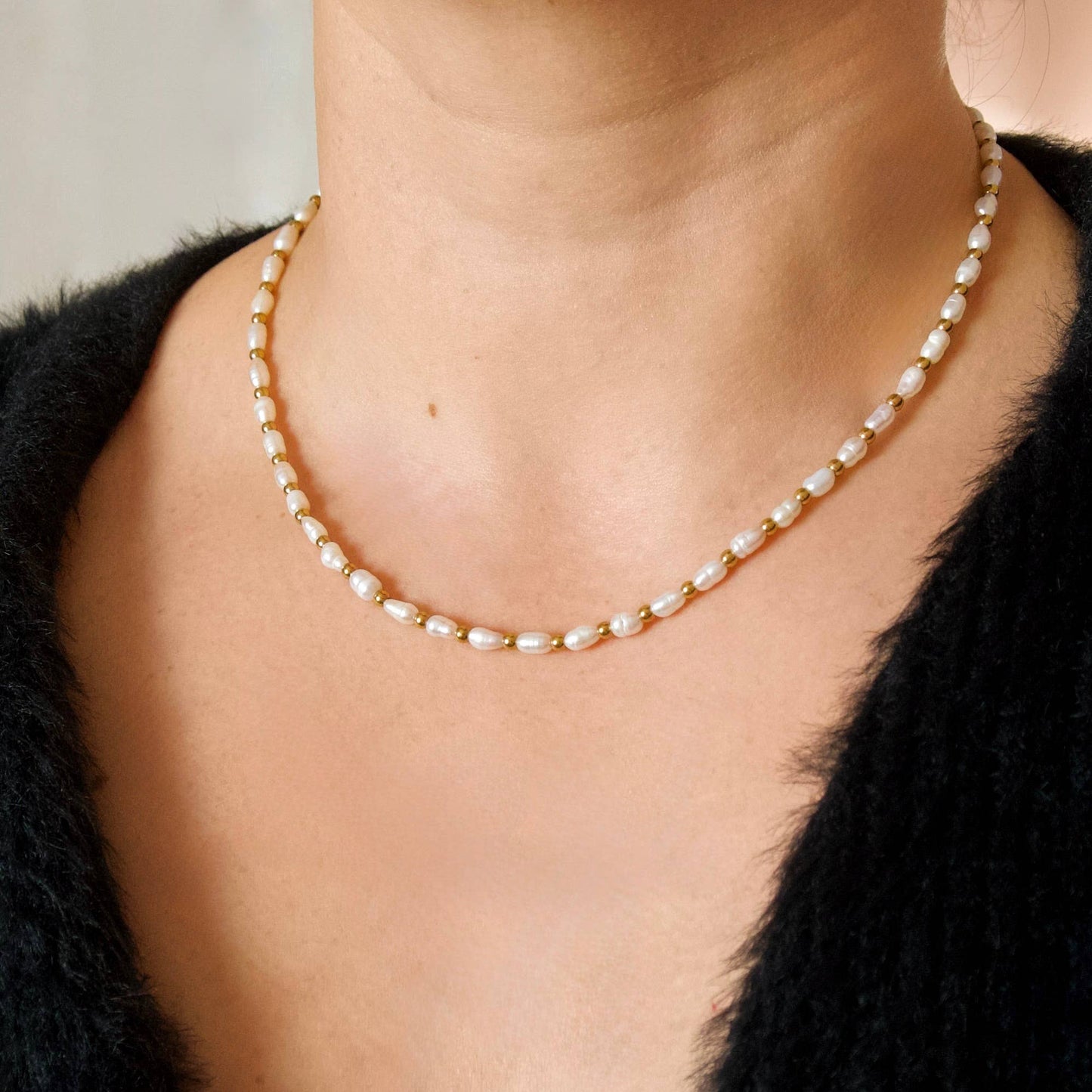 Gold Beaded Freshwater Pearl Necklace
