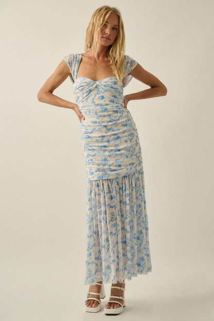 Floral-Print Mesh Ruched Drop-Waist Maxi Dress