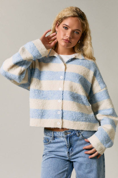 High Neck Striped Cardigan