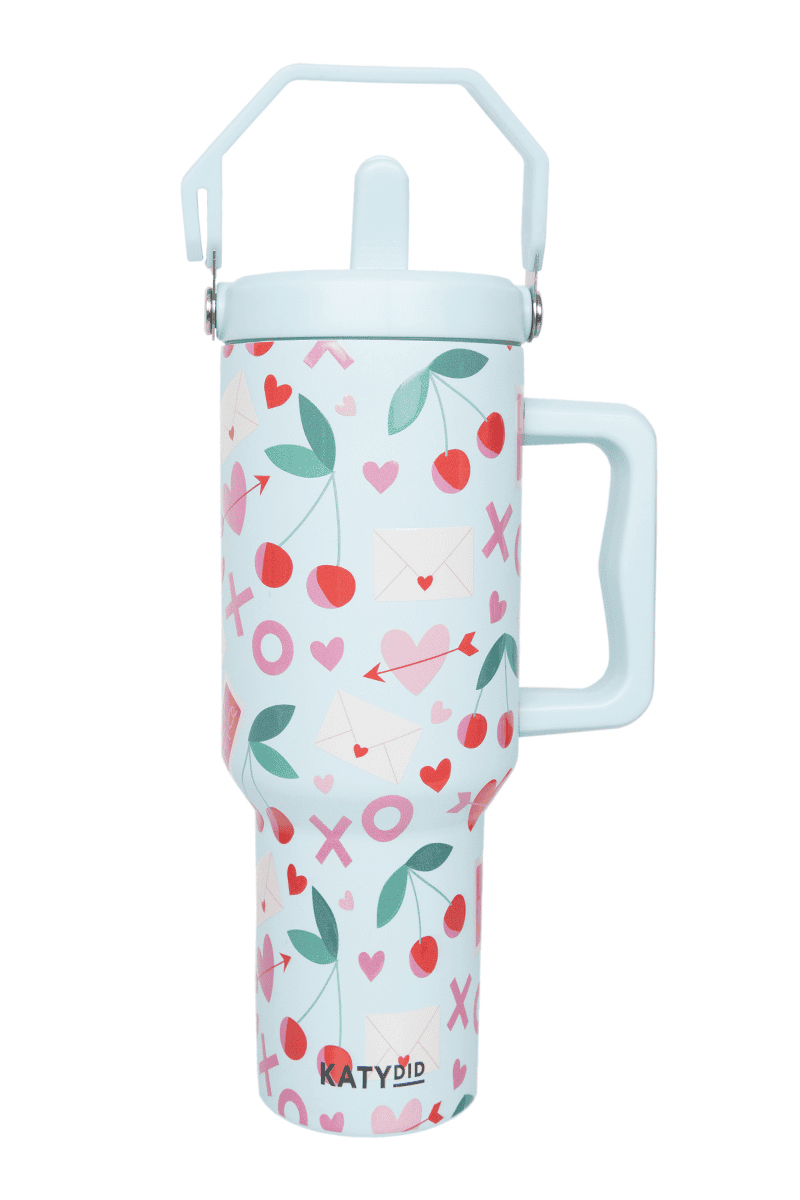 XO Cherries Valentine's Day Tumbler with Lid Handle: Mint