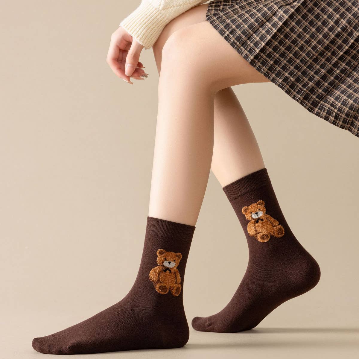 Brown Bear Pattern Crew Socks