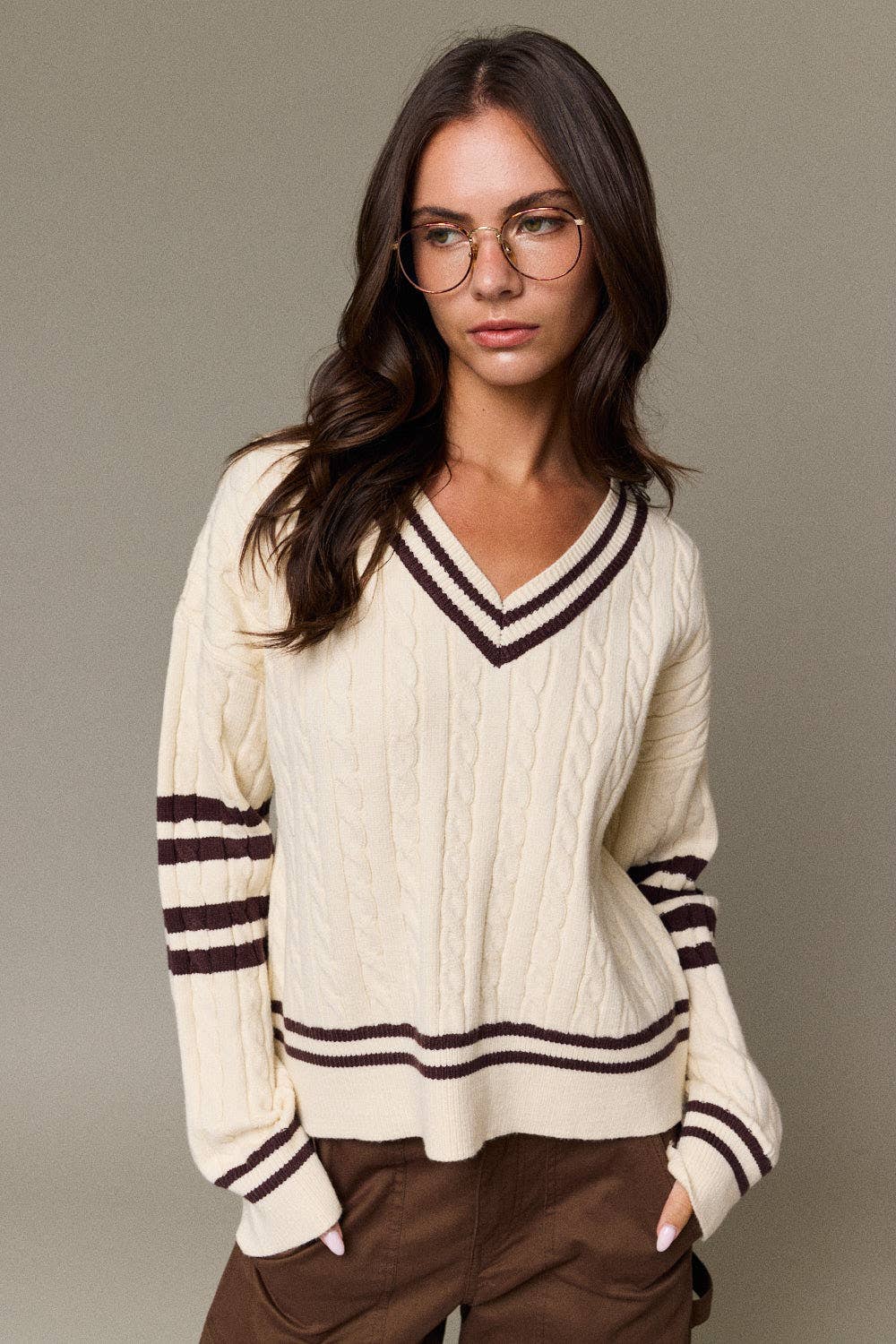Valentina Cable Knit V-Neck Varsity Sweater