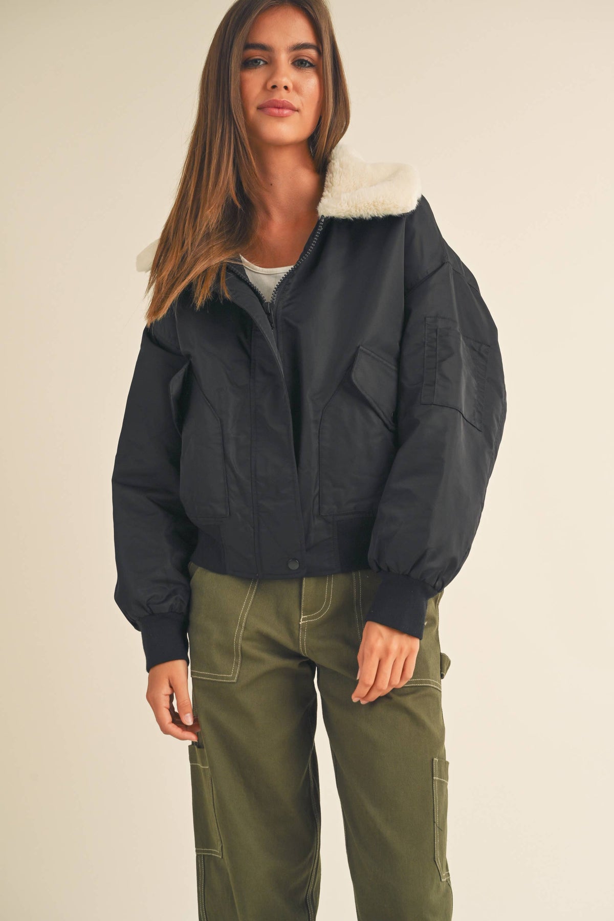 Fur collared bomber jacket