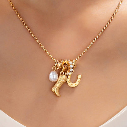 Western Boot Horseshoe Pearl Charm Necklace