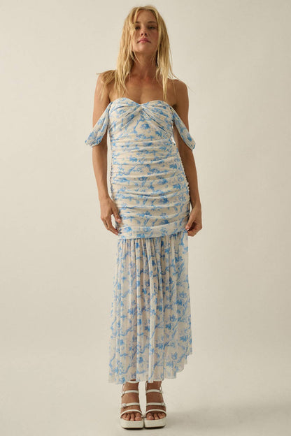 Floral-Print Mesh Ruched Drop-Waist Maxi Dress