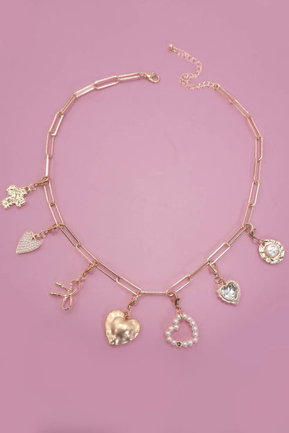 BOW HEART REMOVABLE MULTI CHARM NECKLACE