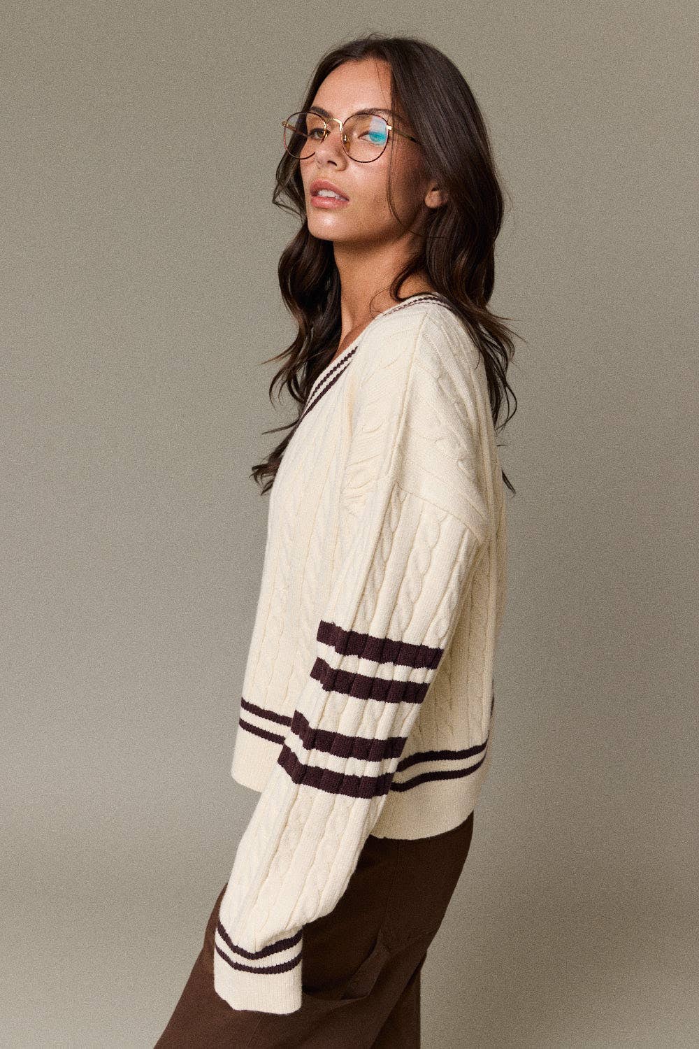 Valentina Cable Knit V-Neck Varsity Sweater