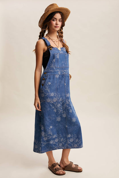 Floral Embroidered Denim Overall Dress