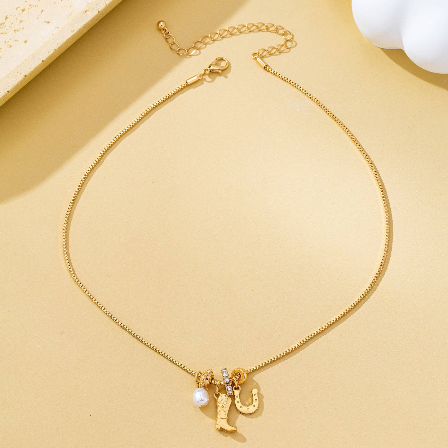 Western Boot Horseshoe Pearl Charm Necklace