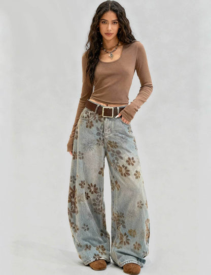 Floral Print Fleece Lined Wide Leg Denim Pants