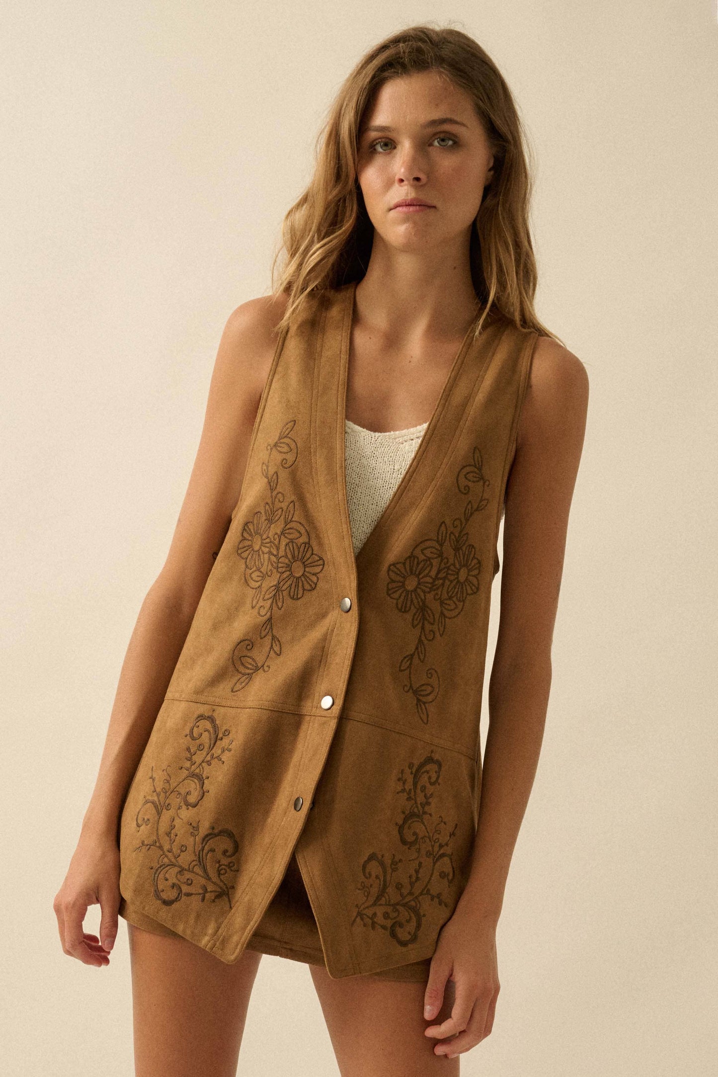 Floral-Embroidered Faux Suede Vest