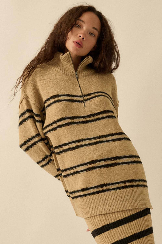 Textured Striped Knit Quarter-Zip Sweater