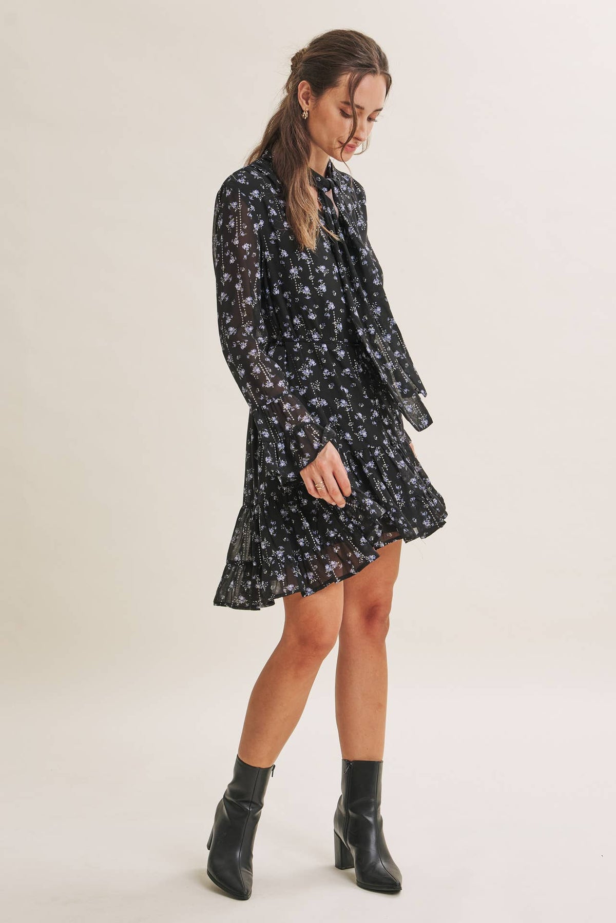 MIDNIGHT SHIMMER DITSY FLORAL NECK TIE RUFFLE MINI DRESS
