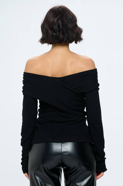 Brushed Knit Wrap Off Shoulder Top