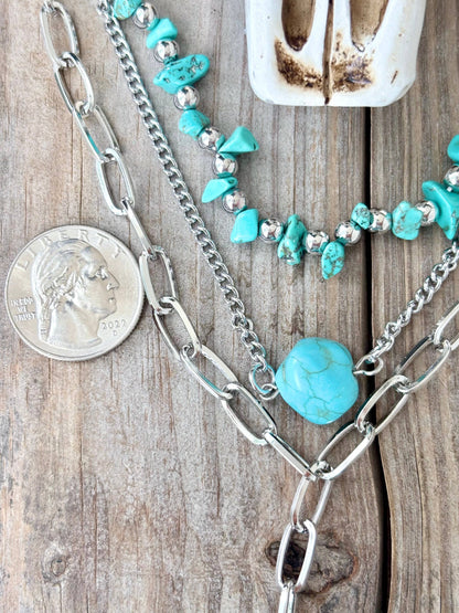 3 Piece Western Turquoise Stone Link Chain Necklace Set