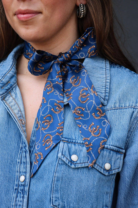 Blue Silk Twilly Scarf w/ Horseshoes & Rope Details