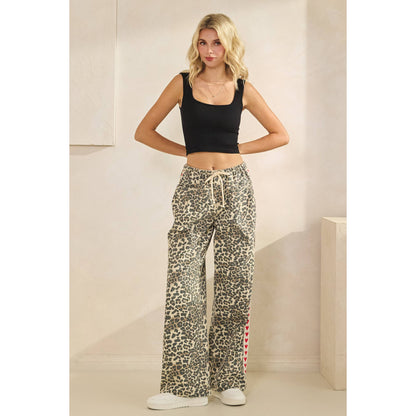 Leopard Printed Striped Wide Legged Pants