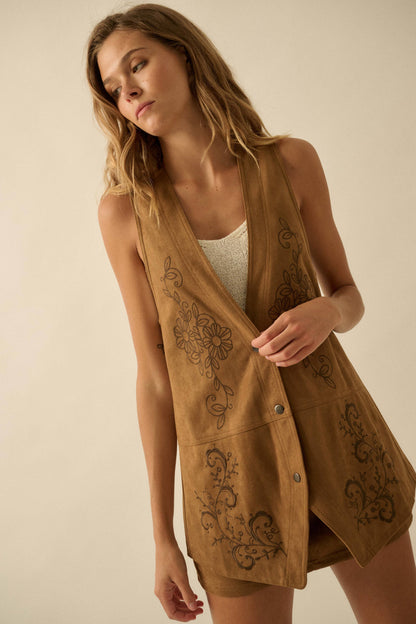 Floral-Embroidered Faux Suede Vest
