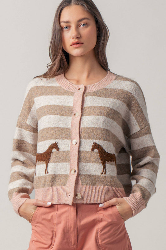 Horse Jacquard Striped Crew Neck Cardigan