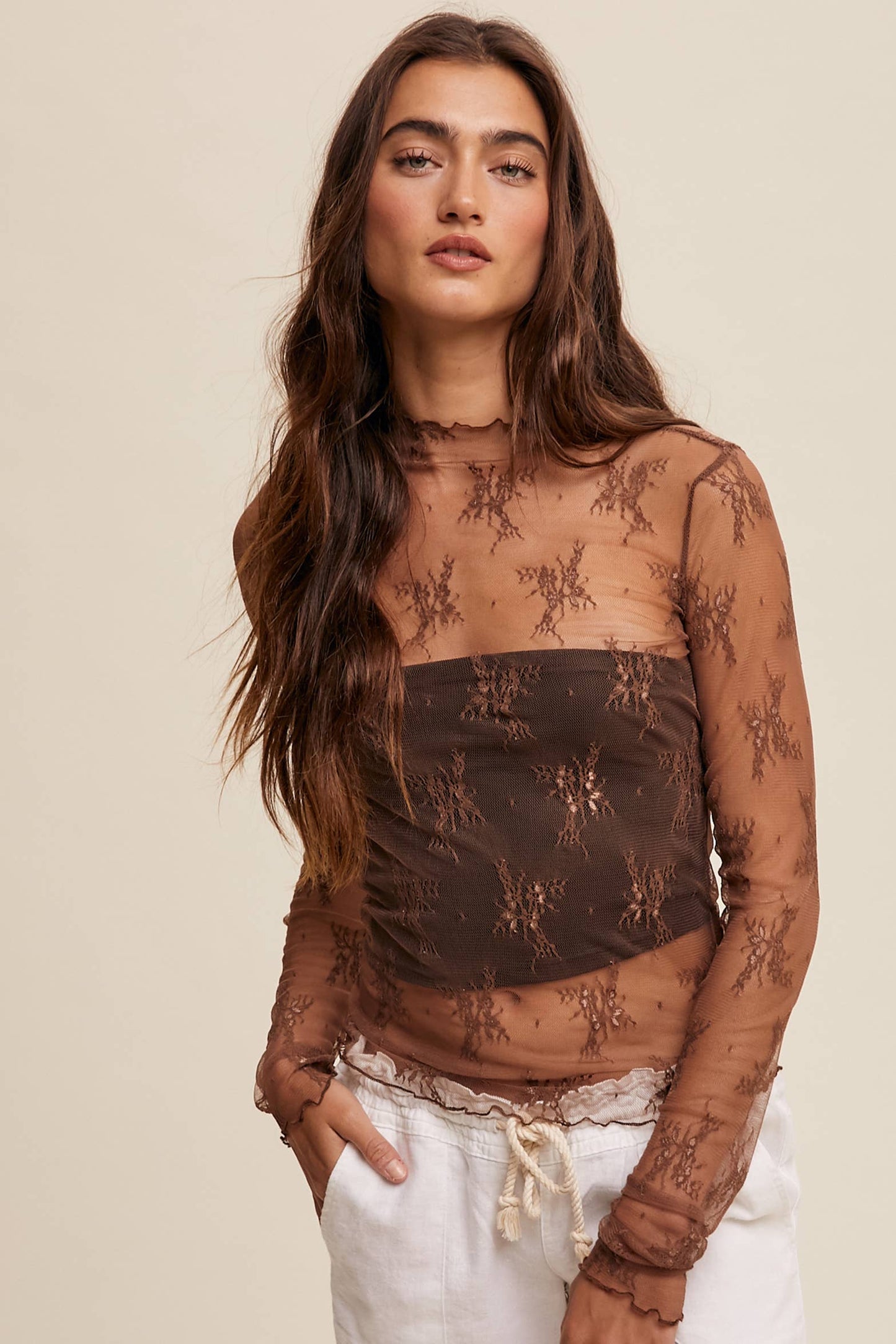 Sheer Lace Long-Sleeve  Mocha